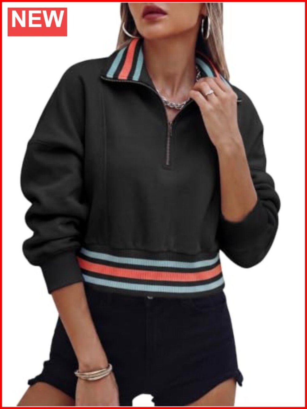 Fisoew Half Zip Crop Pullover Sweatshirt Stripe Long Sleeve Jacket